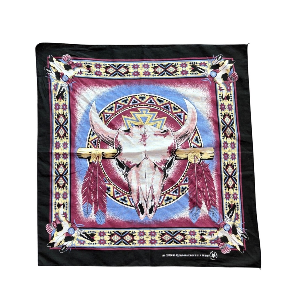 Vintage Cow Skull Bandana Southwestern Aztec Native American Art